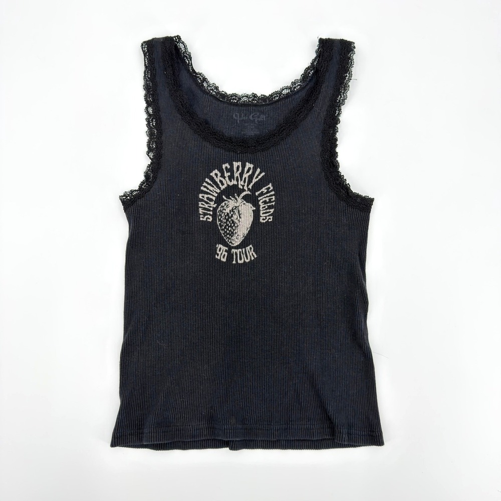 John Galt Black Ribbed Lace Trim Strawberry Fields 96 Tour Graphic Tank Top OS
